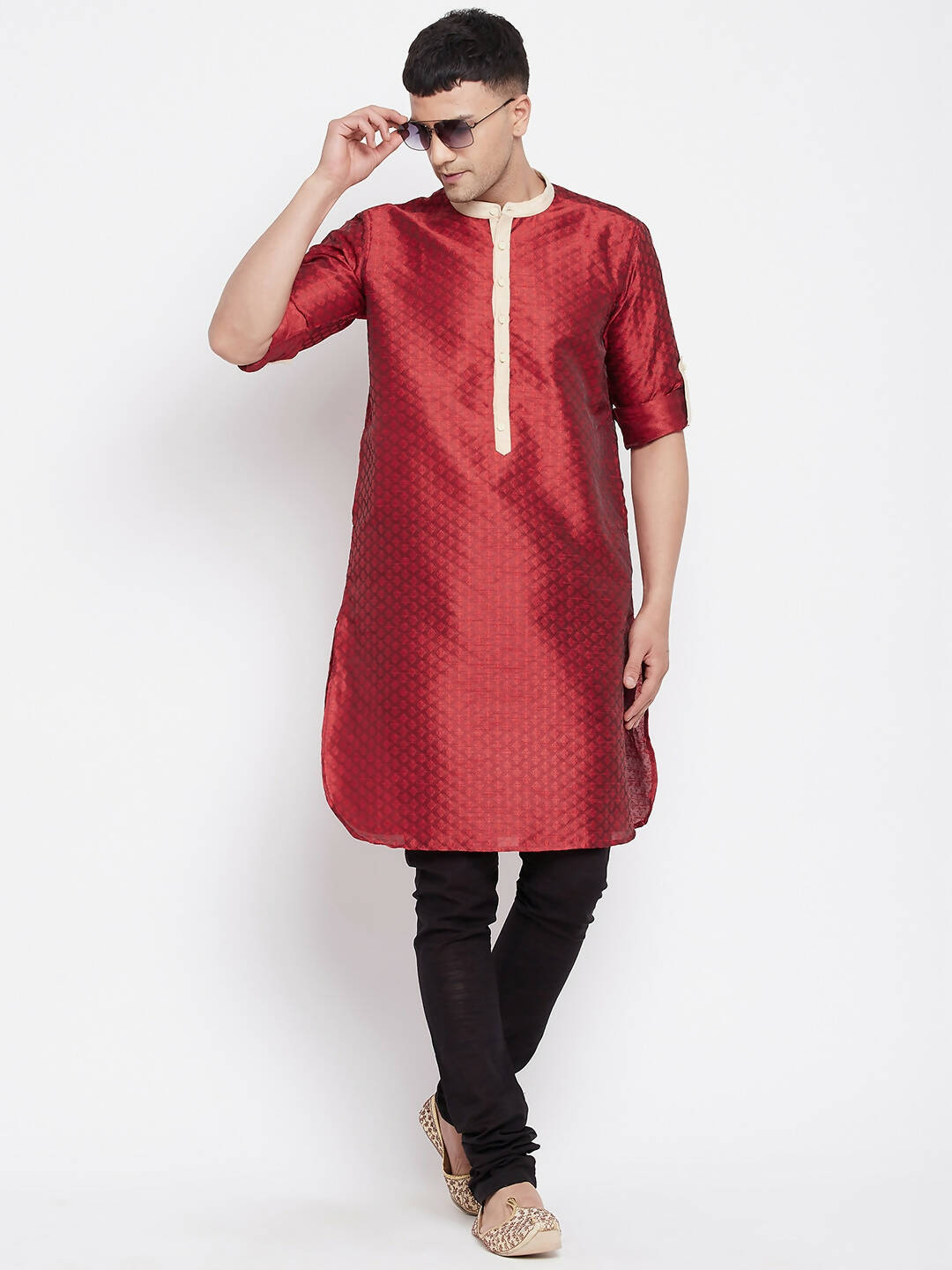 Even Apparels Red Art Silk Men's Kurta With Contrast Collar And Placket | Swadesiicart
