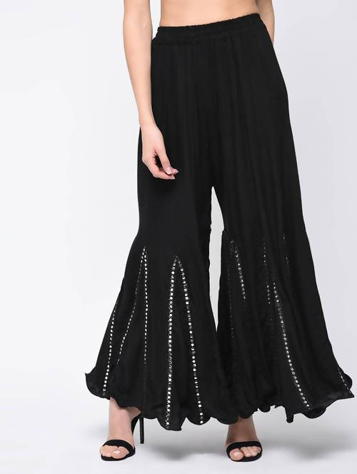 Mominos Fashion Black Viscose Rayon Flared Palazzo with Mirror Lace Work - Mominos Fashion