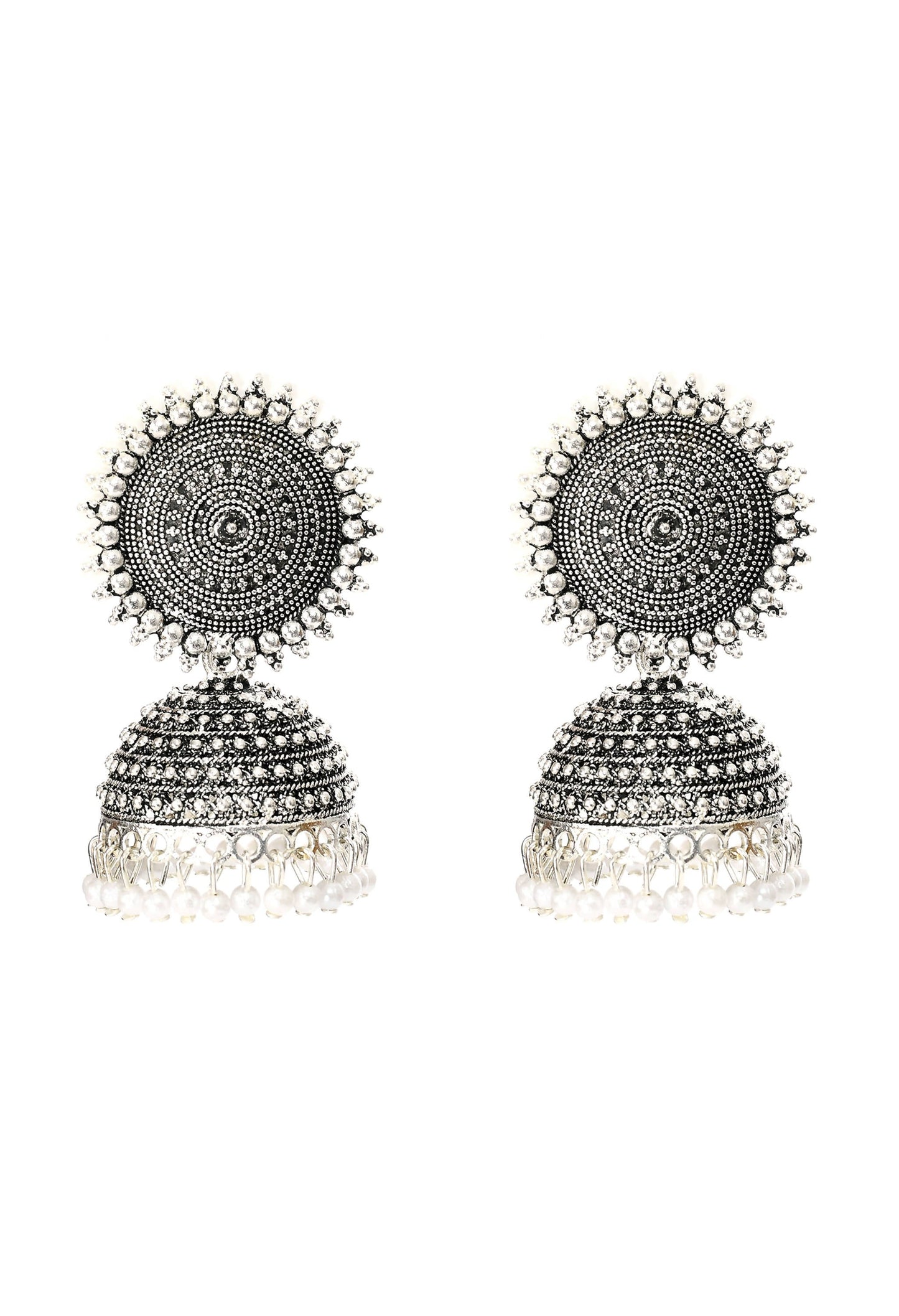 Mominos Fashion Johar Kamal Silver Color Jhumkas With White Pearls Earrings - Mominos Fashion