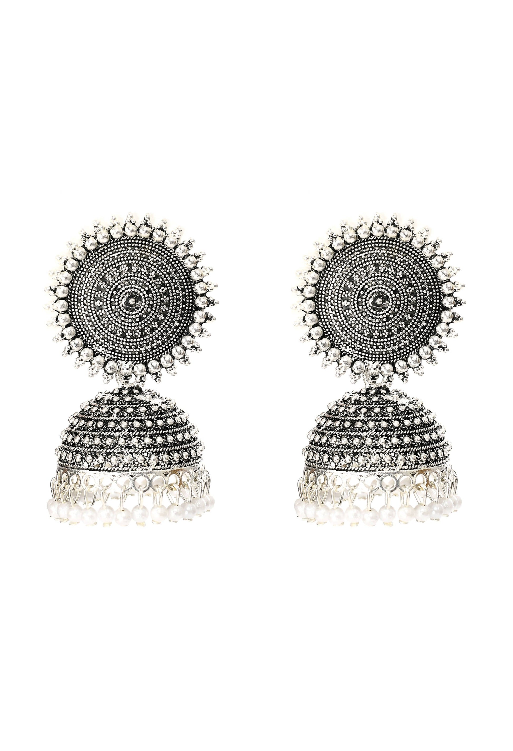 Mominos Fashion Johar Kamal Silver Color Jhumkas With White Pearls Earrings - Mominos Fashion