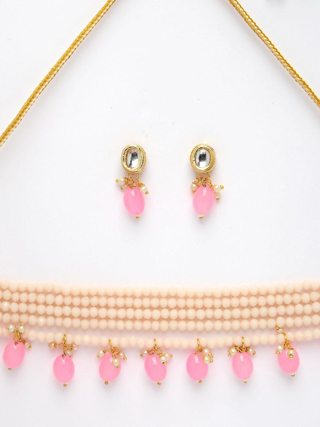 NVR Women's Pink Artificial Beads Layered Necklace with Drop Earring - Swadesiicart