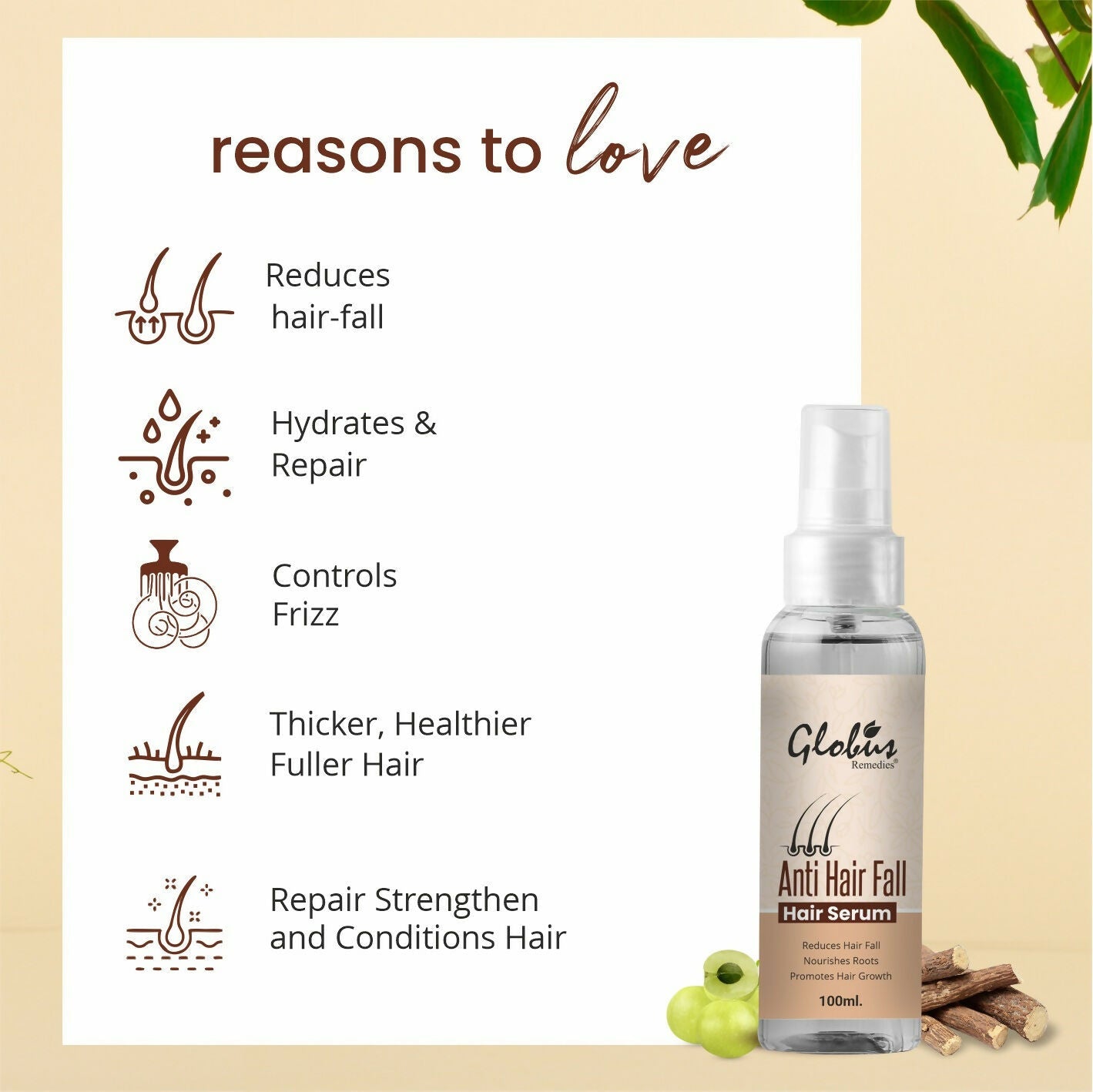 Globus Remedies Anti-Hair Fall Hair Serum, For Frizzy Hair, Smoothens Rough Ends, Adds Instant Shine | Swadesiicart