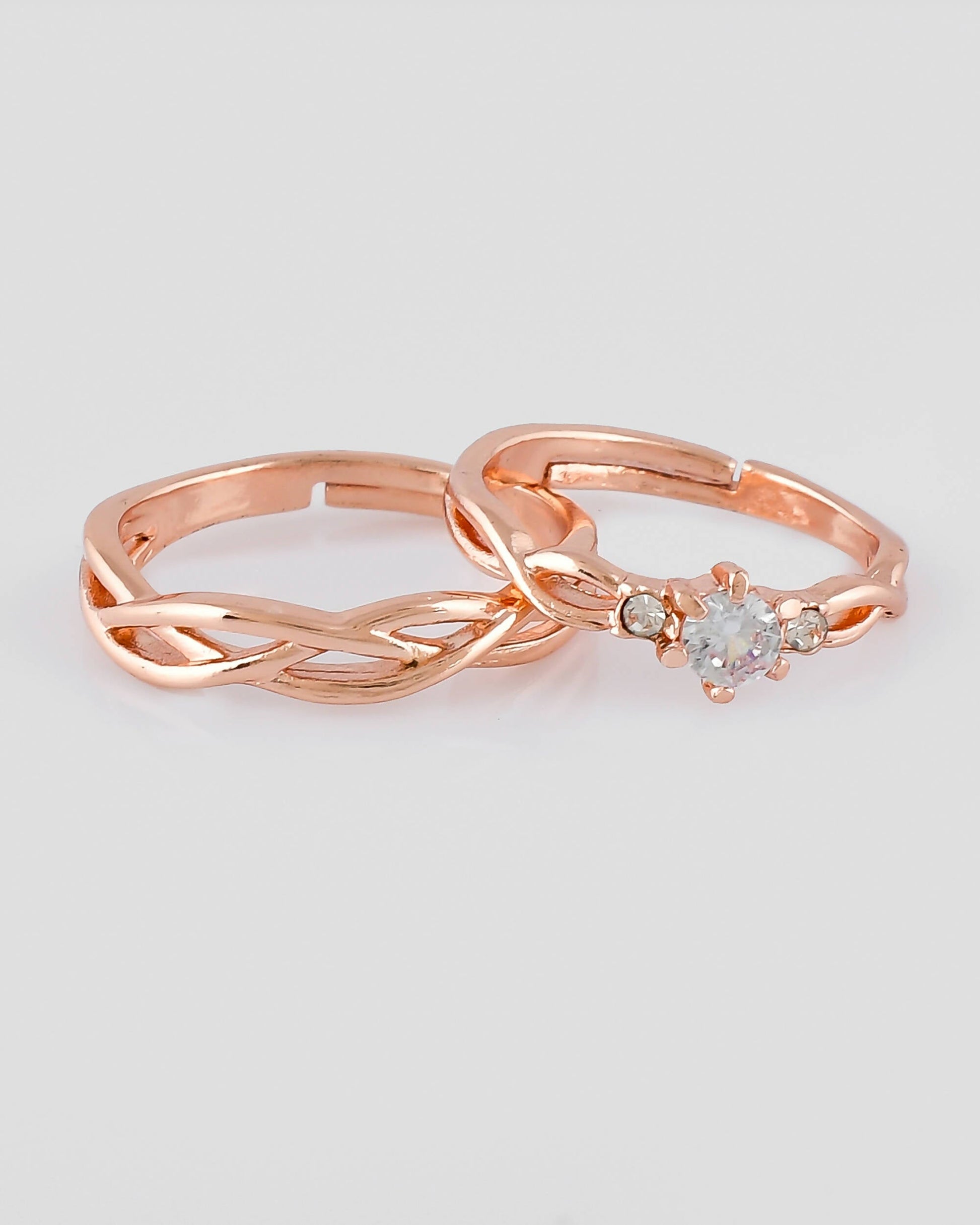 VOJ Stainless Steel Cubic Zirconia Rose Gold-Polished Adjustable Ring Set for Couple | Swadesiicart