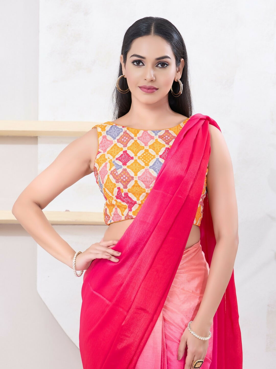 Joban Fashion Yellow Bandhani Sleeveless Back Open Blouse - Swadesiicart