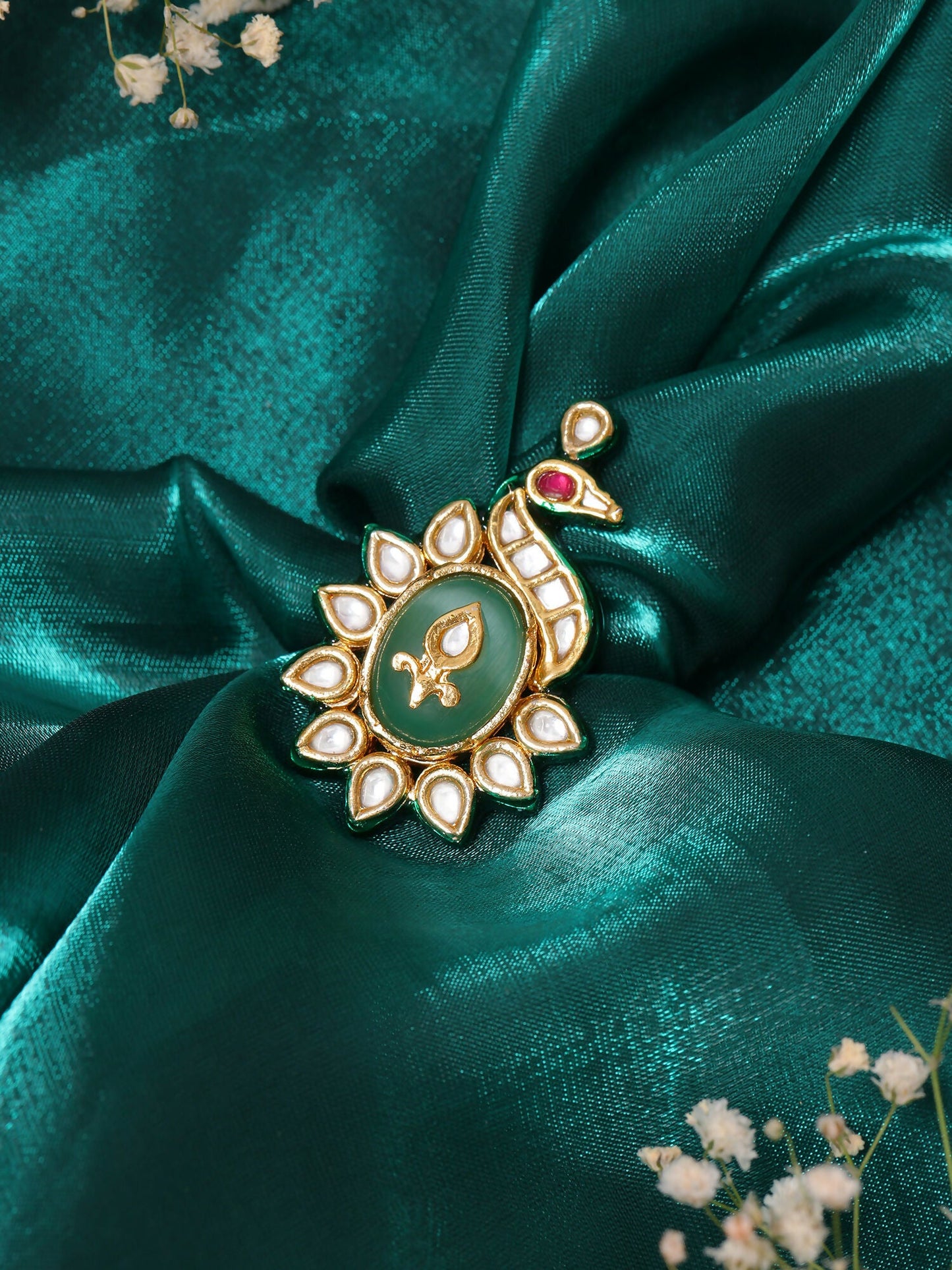 Ruby Raang Gold Polished Green Birdie Kundan Ring | Swadesiicart