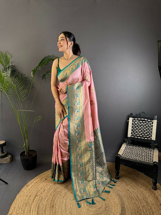 Joban Fashion Banarasi Baby Pink Woven Soft Silk Saree | Swadesiicart