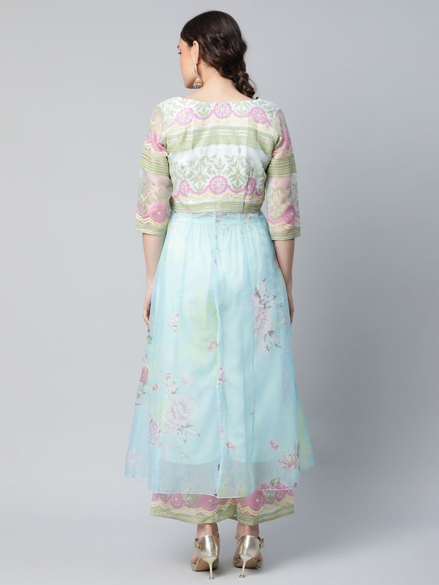 Ahalyaa Women Sea Green Organza Romantic Florals Kurta Palazzo Set | Swadesiicart