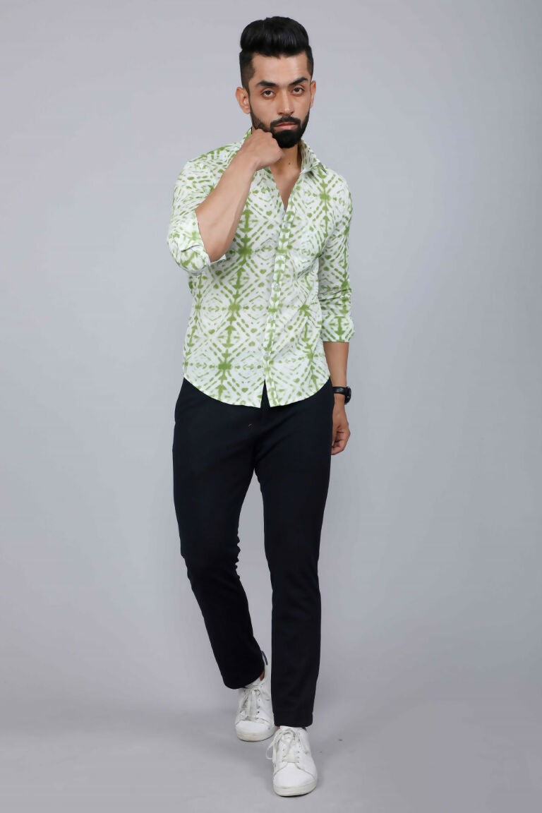 Miravan Men's Premium Green and White Slim Fit Tie Dye Cotton Shirt | Swadesiicart