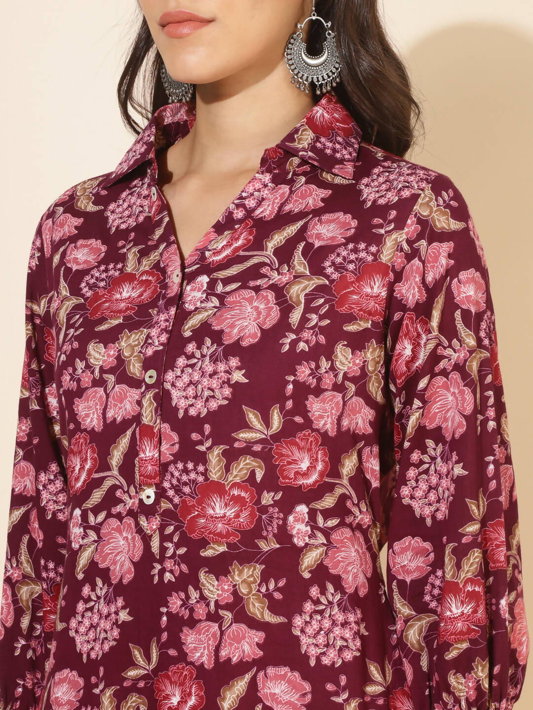 Janasya Women's Purple Cotton Floral Printed Casual Straight Kurta Set | Swadesiicart