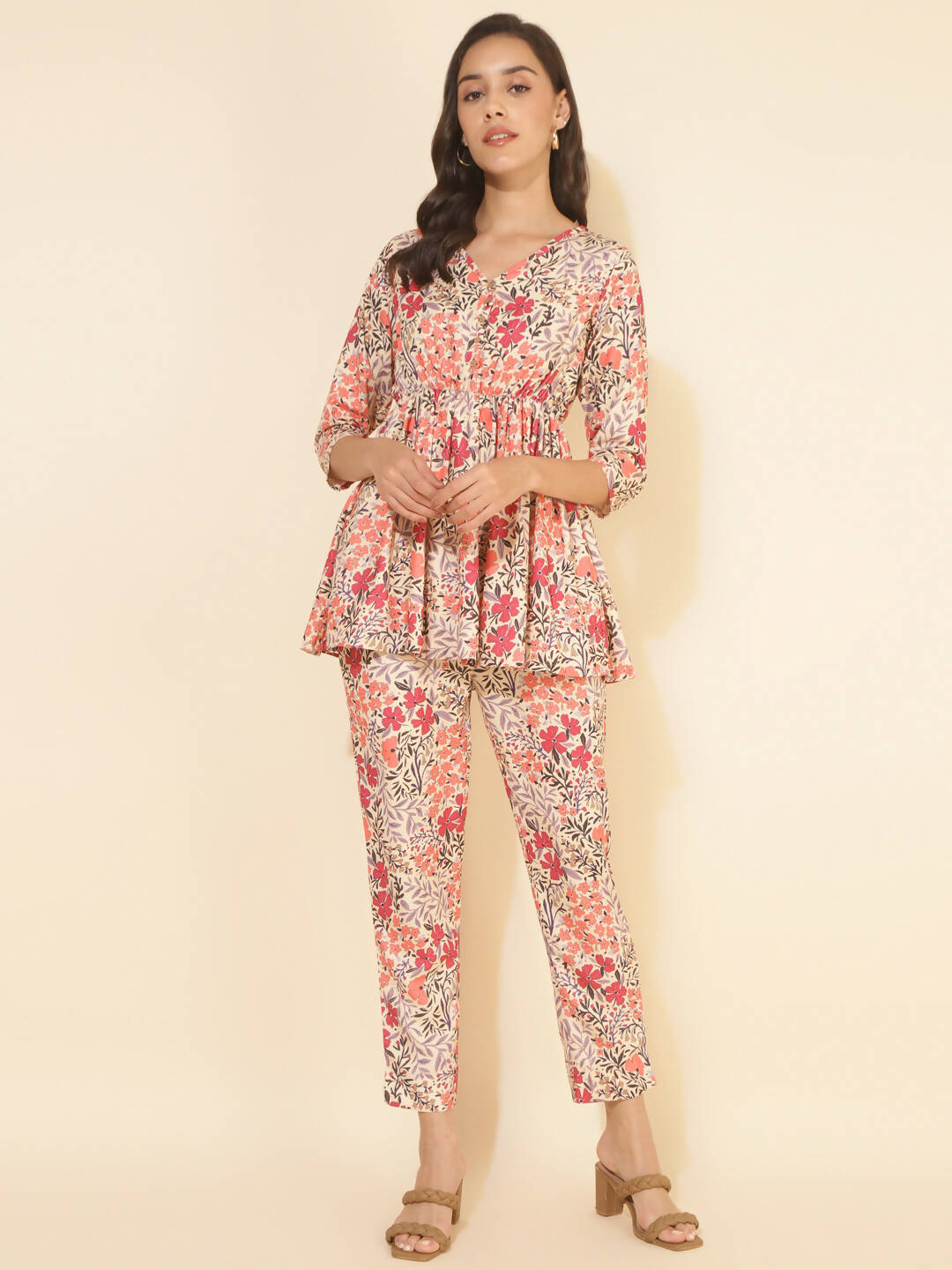 Janasya Women's Multicolor Moss Floral Printed Casual Flared Co-ords - Swadesiicart