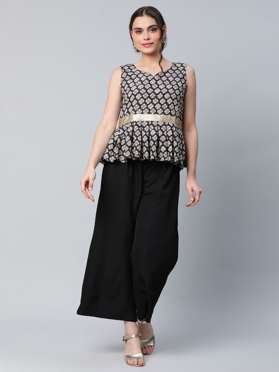 Ahalyaa Women Black Crepe Digital Printed Top with Palazzo Set | Swadesiicart