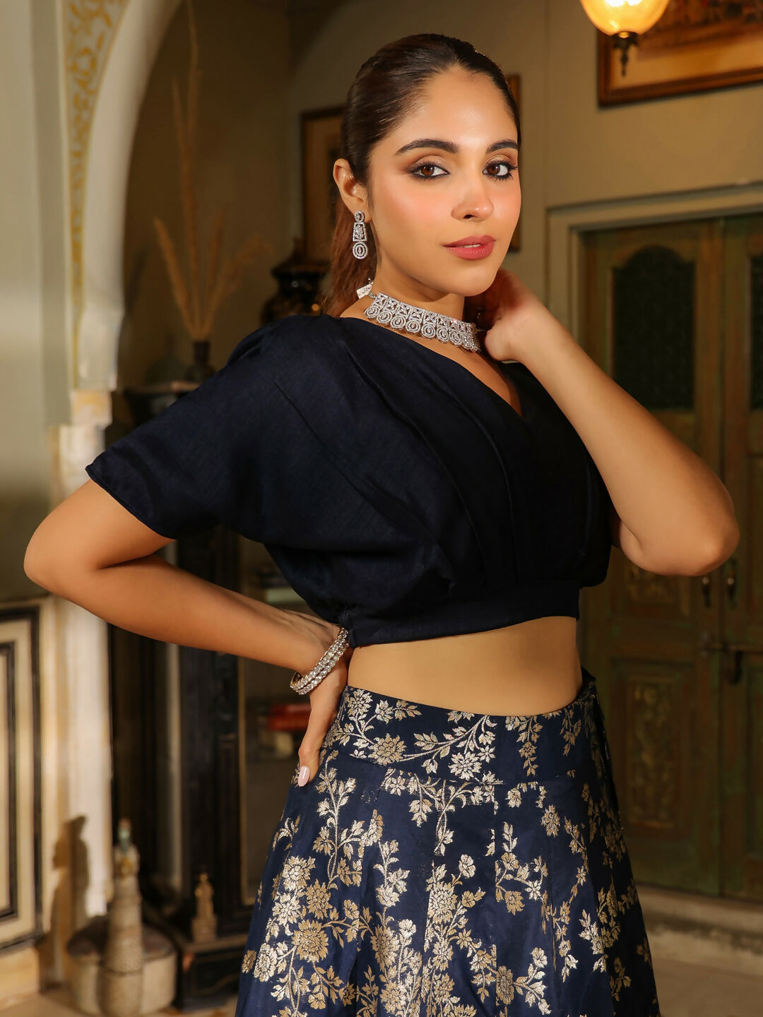 Janasya Navy Blue Silk Blend Solid Lehenga Choli | Swadesiicart