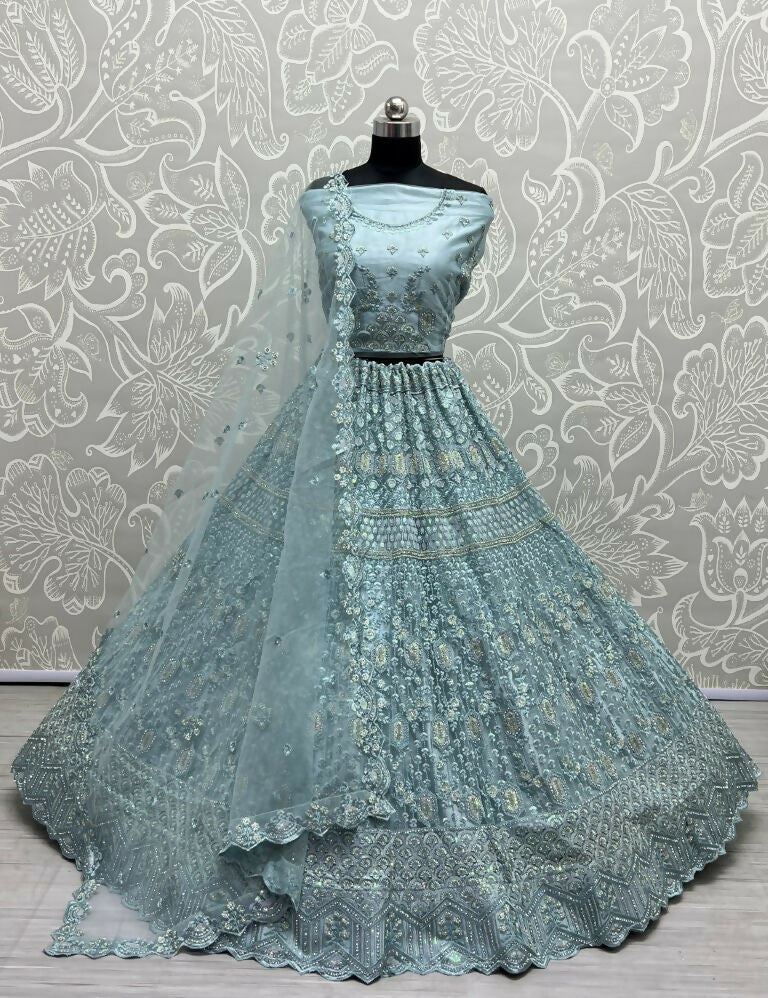 Jyoti Fashion Women's Aqua Heavy Net Fancy Dori, Multi Thread, Rainbow Sequins and Diamond Work Wedding Lehenga Choli | Swadesiicart