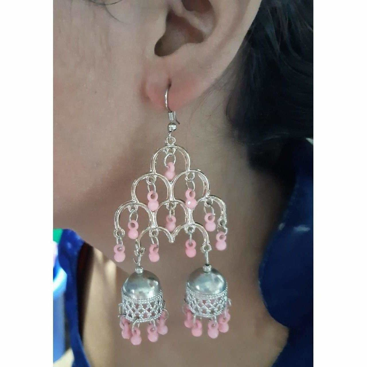 MS Fashion India Silver Oxidized Fashion Traditional Double Jhumka Long Light Pink Pearls Earrings | Swadesiicart