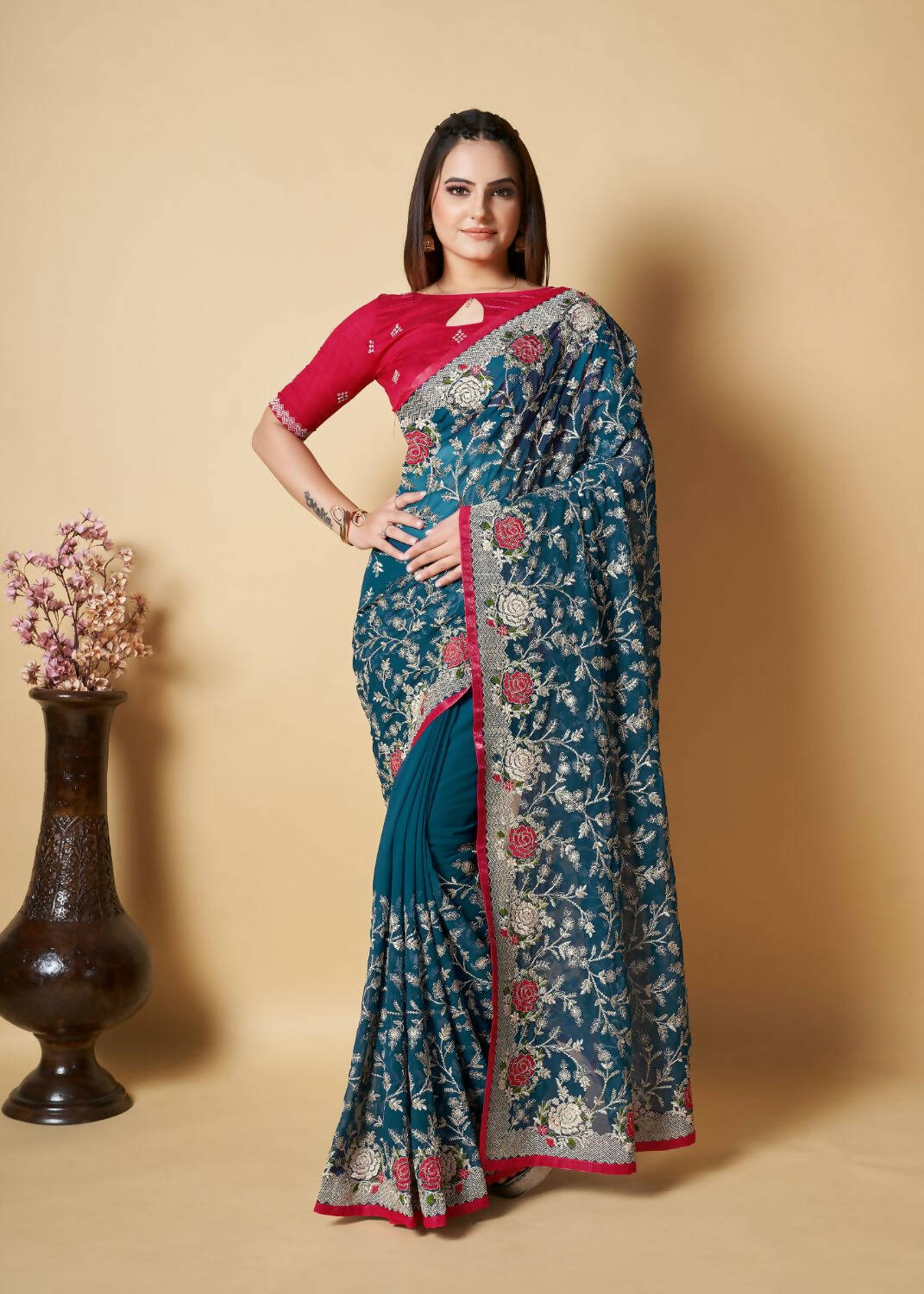 Vamsee Teal Organza Saree - Swadesiicart