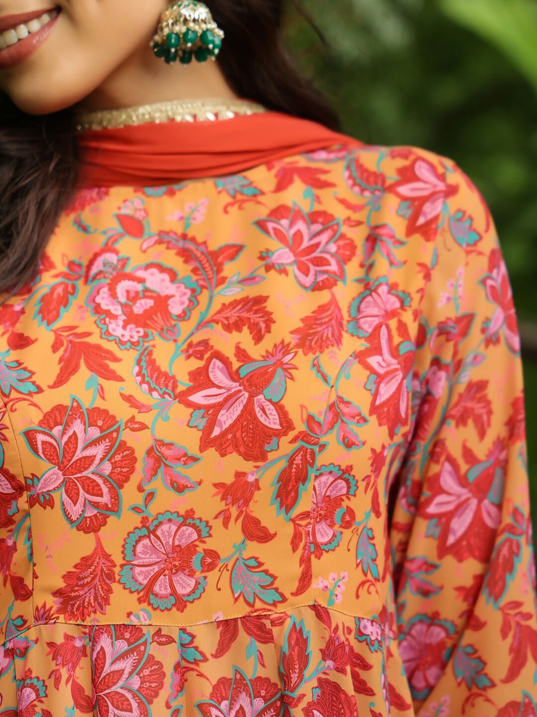 Janasya Mustard Georgette Floral Kurta,Bottom & Dupatta | Swadesiicart