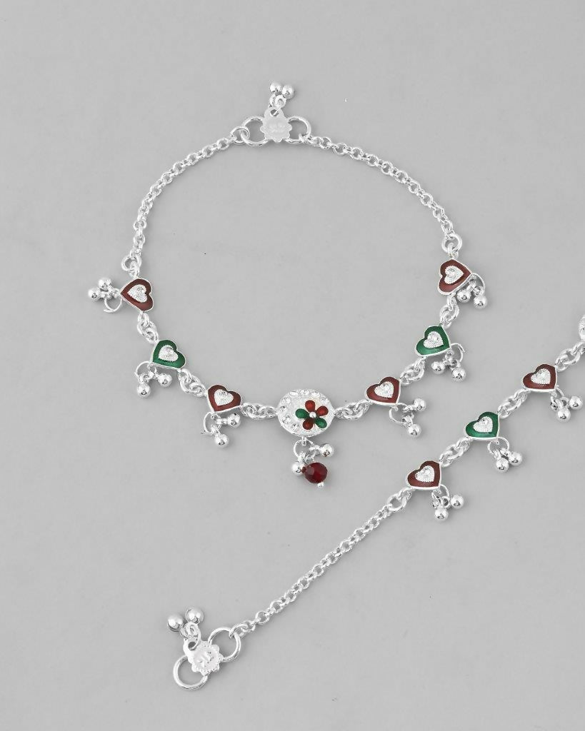 VOJ Set of 2 Stone Studded Heart Shaped Traditional Anklet - Swadesiicart