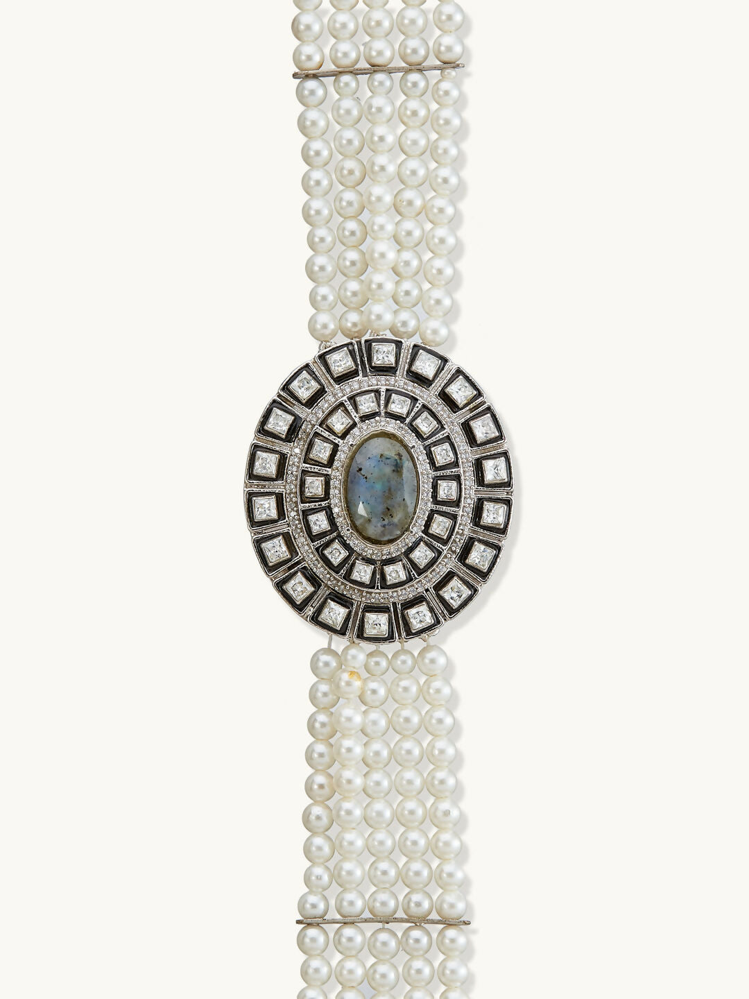 Nuyug Pearl Beaded Semi Precious Labradorite Stone & Enamelled Choker Necklace | Swadesiicart