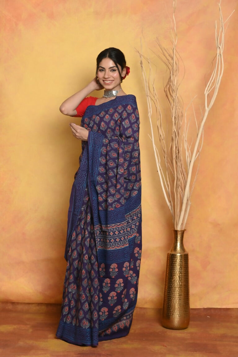 Very Much Indian Handblock Printed Cotton Saree With Natural Dyes - Blue | Swadesiicart