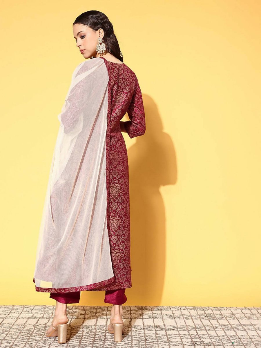 Ahalyaa Women's Wine Colour Poly Silk Gold Paste Printed Kurta Pant Set | Swadesiicart