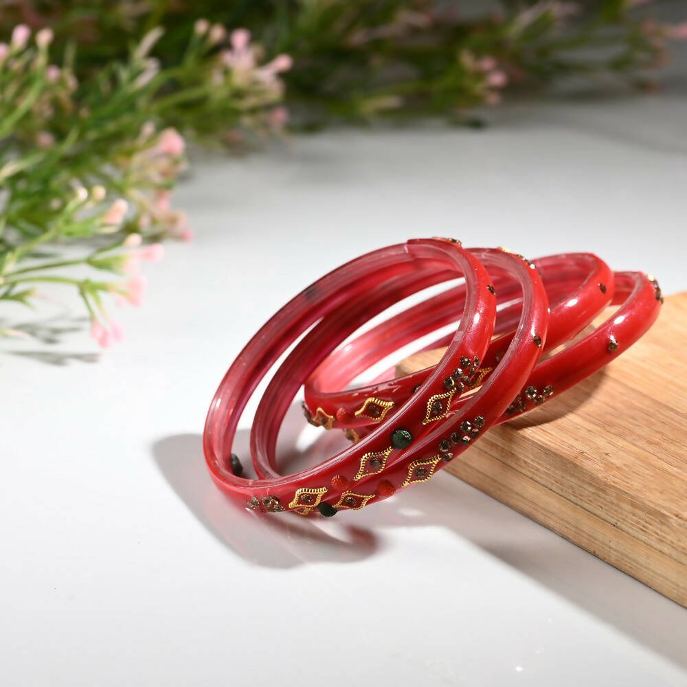 Afast Designer Fancy Party Bangle/ Kada Set, Red, Glass, Pack Of 4 - Afast Enterprises
