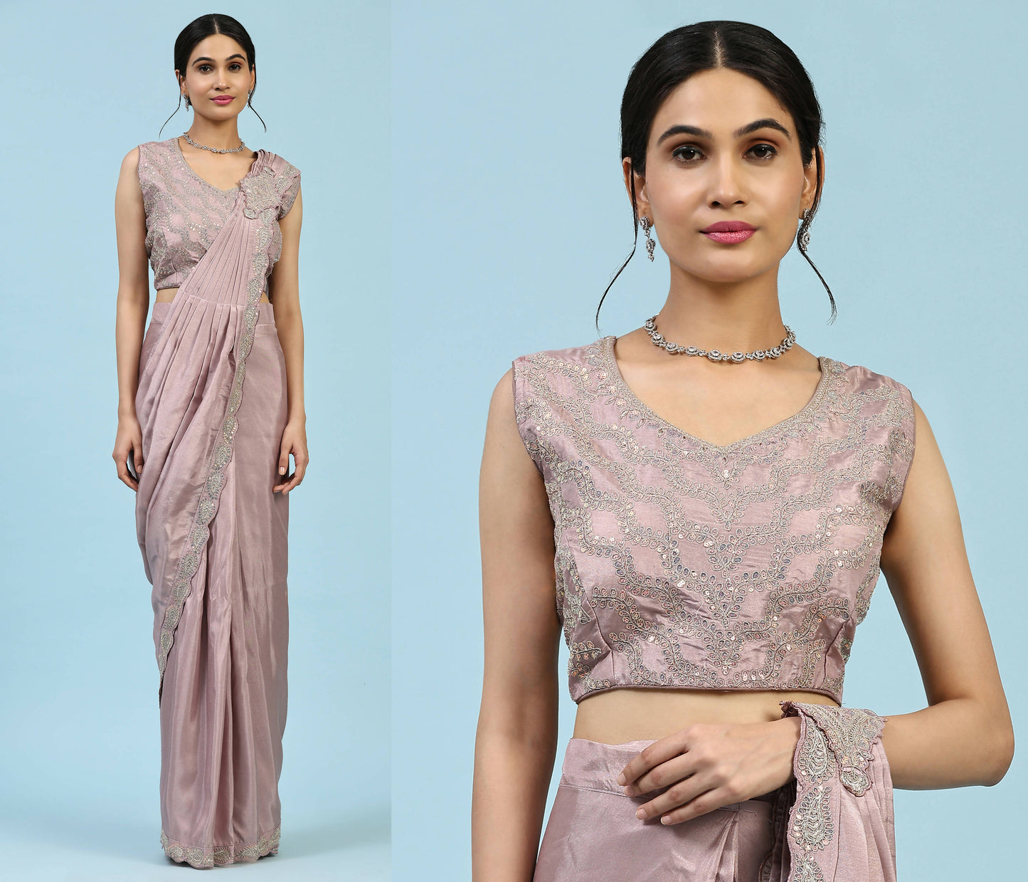 Lavendar Silk Satin Plain Ready to wear Saree with stitched Blouse - Vrinda | Swadesiicart