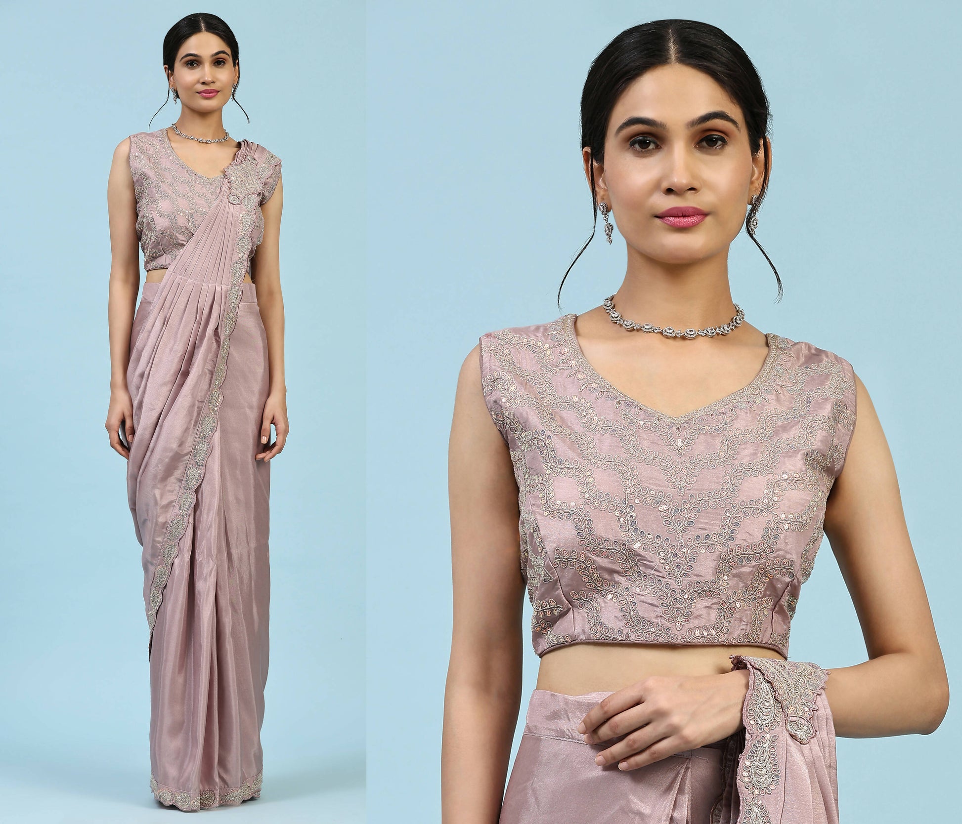 Lavendar Silk Satin Plain Ready to wear Saree with stitched Blouse - Vrinda | Swadesiicart