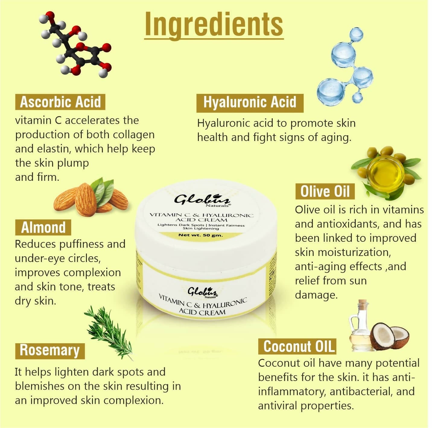 Globus Naturals Hyaluronic Acid and Vitamin C skin Lightening Brightening Cream - Swadesiicart