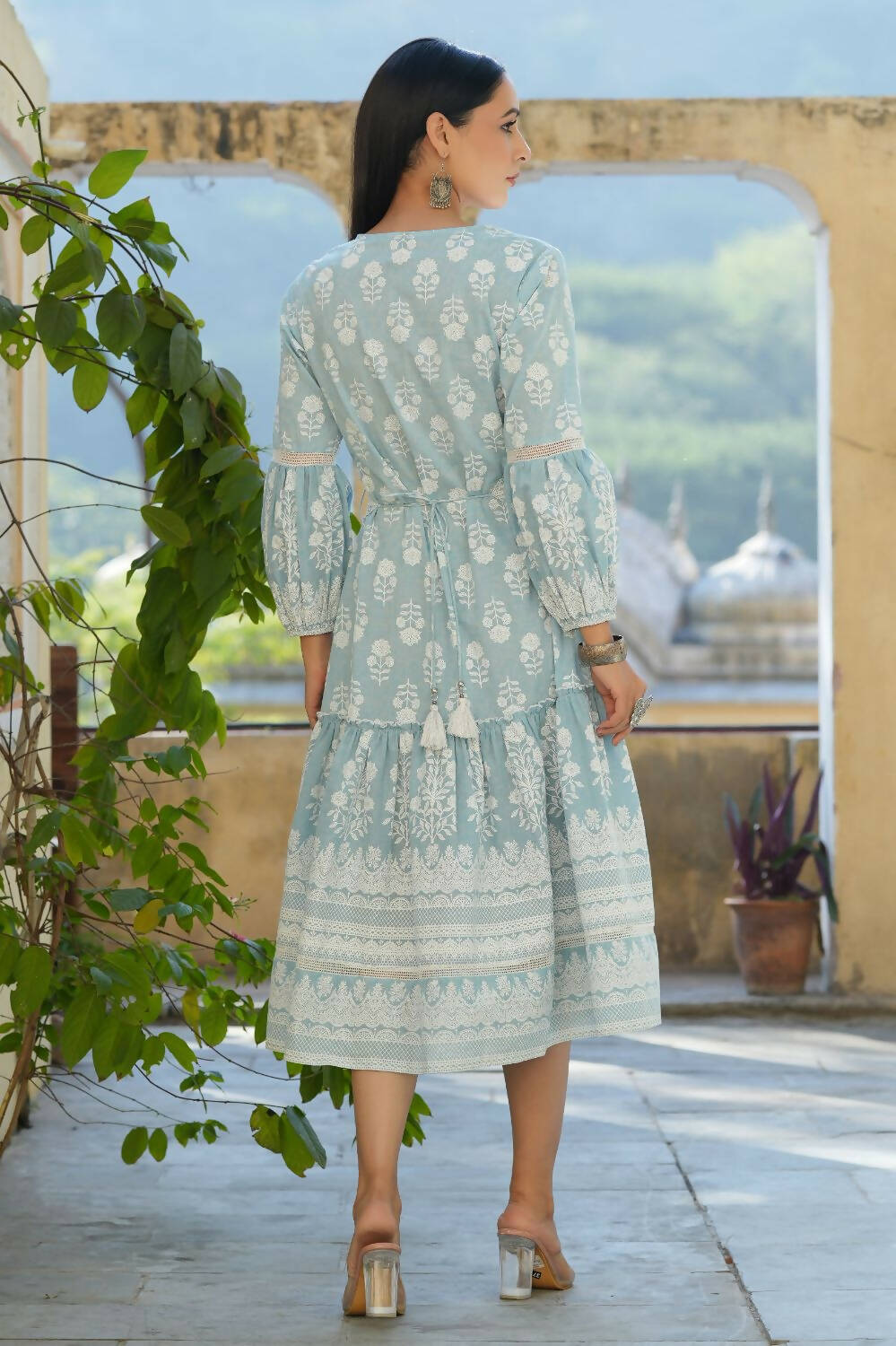 Juniper Women's Sky Blue Printed Flared Dress | Swadesiicart