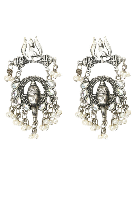 Mominos Fashion Johar Kamal Ganesh Design Silver Color Earrings - Mominos Fashion