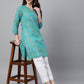 Janasya Women's Turquoise Blue Cotton Block Print Straight Tunic | Swadesiicart