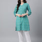 Janasya Women's Turquoise Blue Cotton Block Print Straight Tunic | Swadesiicart