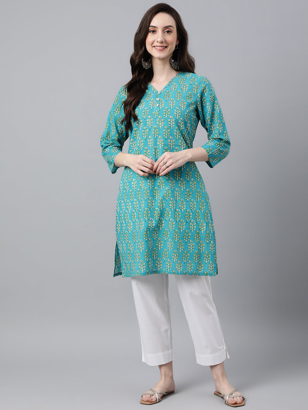 Janasya Women's Turquoise Blue Cotton Block Print Straight Tunic | Swadesiicart
