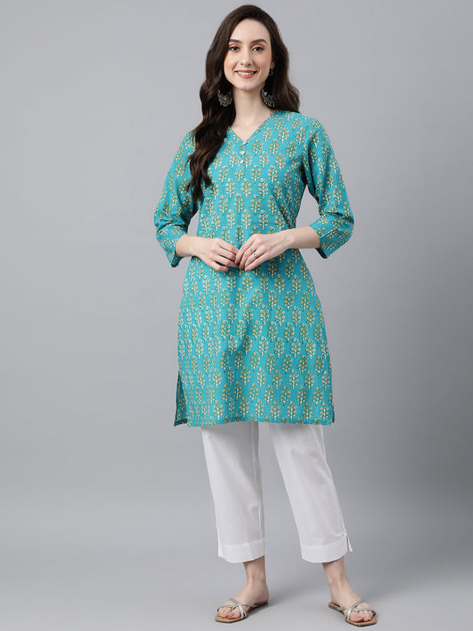 Janasya Women's Turquoise Blue Cotton Block Print Straight Tunic | Swadesiicart