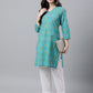 Janasya Women's Turquoise Blue Cotton Block Print Straight Tunic | Swadesiicart
