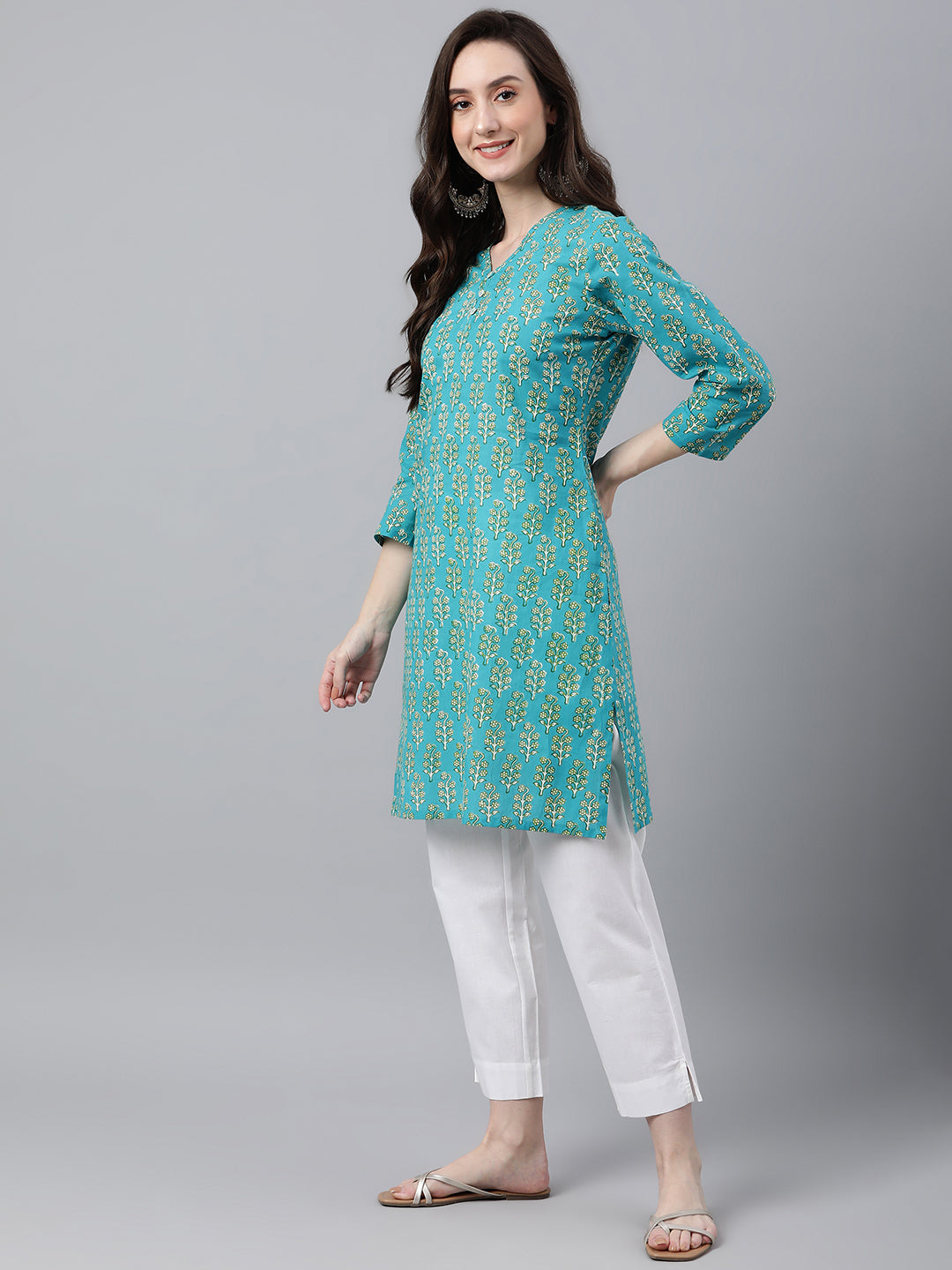 Janasya Women's Turquoise Blue Cotton Block Print Straight Tunic | Swadesiicart