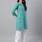 Janasya Women's Turquoise Blue Cotton Block Print Straight Tunic | Swadesiicart