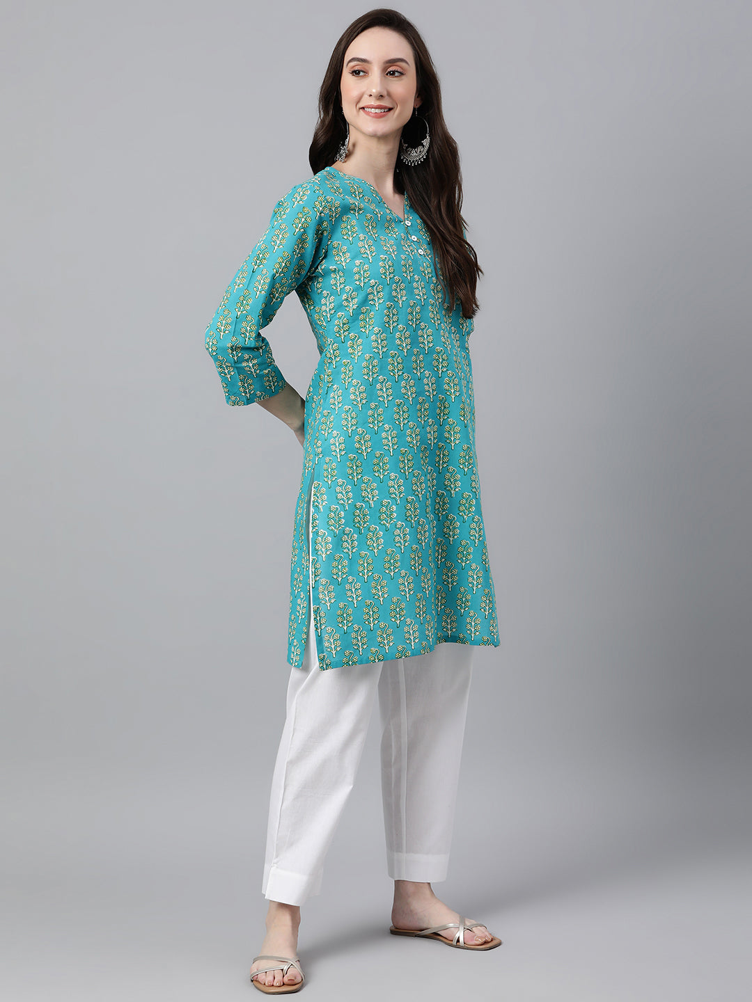 Janasya Women's Turquoise Blue Cotton Block Print Straight Tunic | Swadesiicart