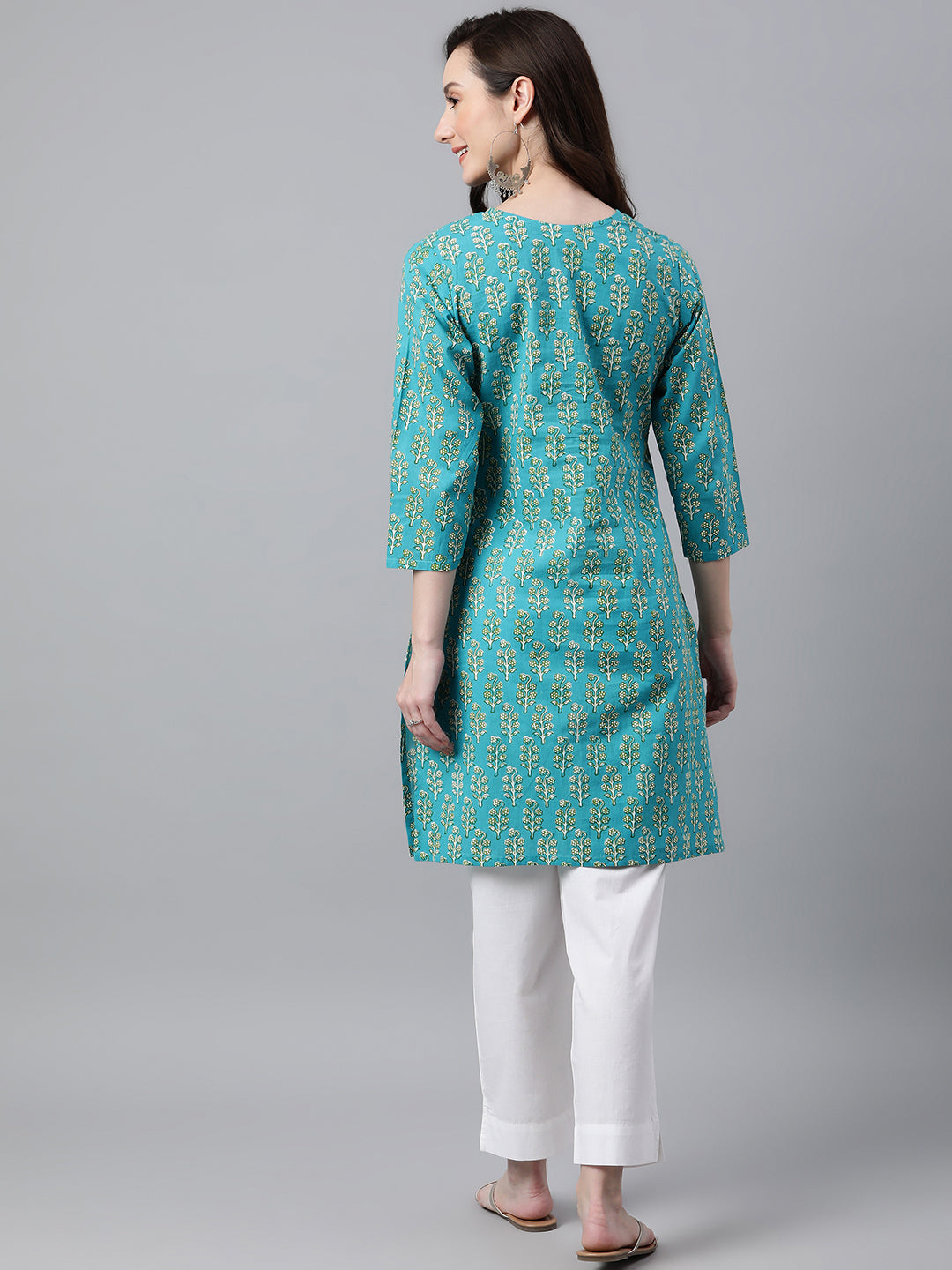 Janasya Women's Turquoise Blue Cotton Block Print Straight Tunic | Swadesiicart
