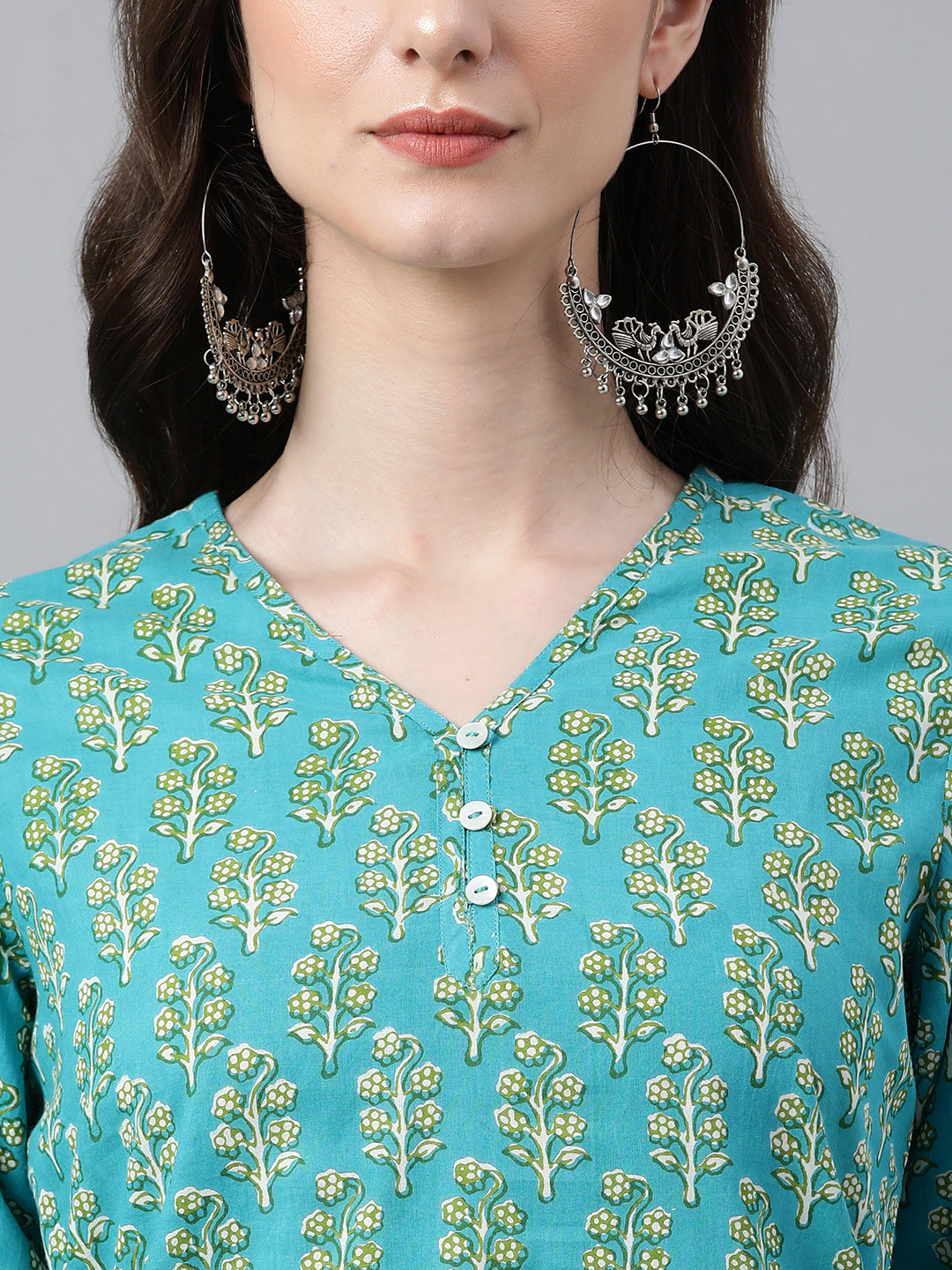 Janasya Women's Turquoise Blue Cotton Block Print Straight Tunic | Swadesiicart