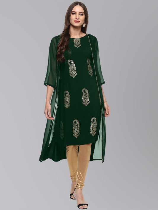 Janasya Women's Bottle Green Crepe Foil Print Festive A-Line Kurta | Swadesiicart
