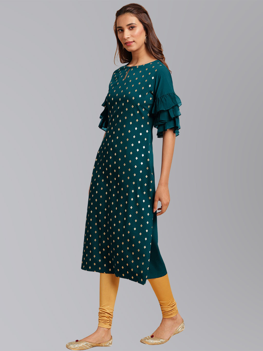 Janasya Women's Peacock Green Crepe Foil Print Festive Straight Kurta | Swadesiicart