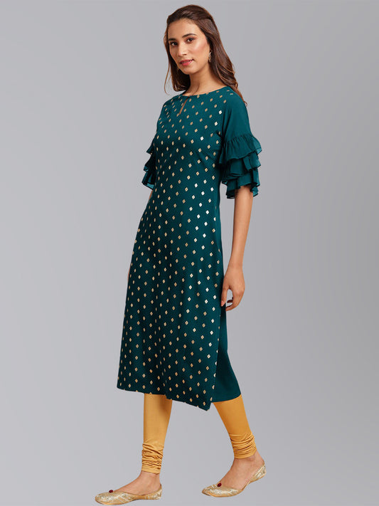 Janasya Women's Peacock Green Crepe Foil Print Festive Straight Kurta | Swadesiicart
