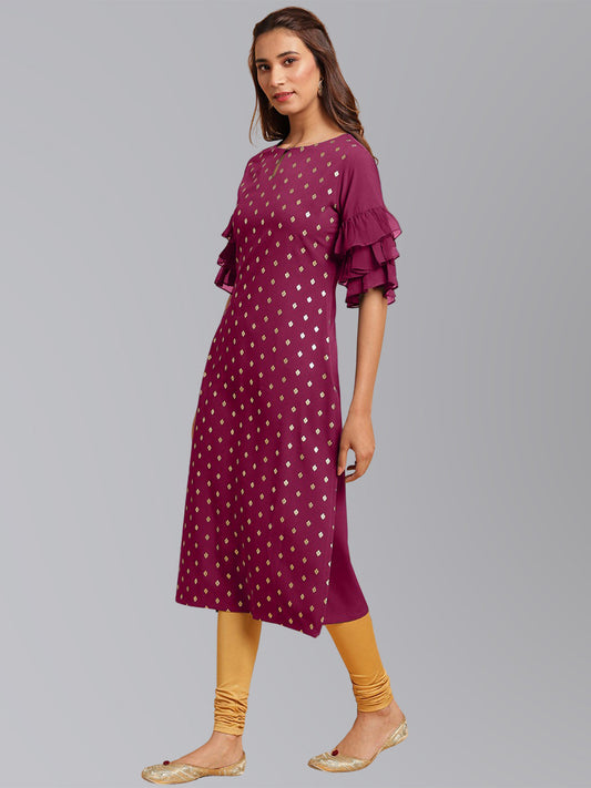 Janasya Women's Magenta Crepe Foil Print Festive Straight Kurta | Swadesiicart