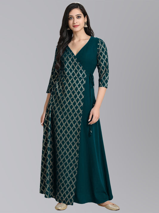 Janasya Women's Peacock Green Crepe Foil Print Festive Angarkha Kurta | Swadesiicart