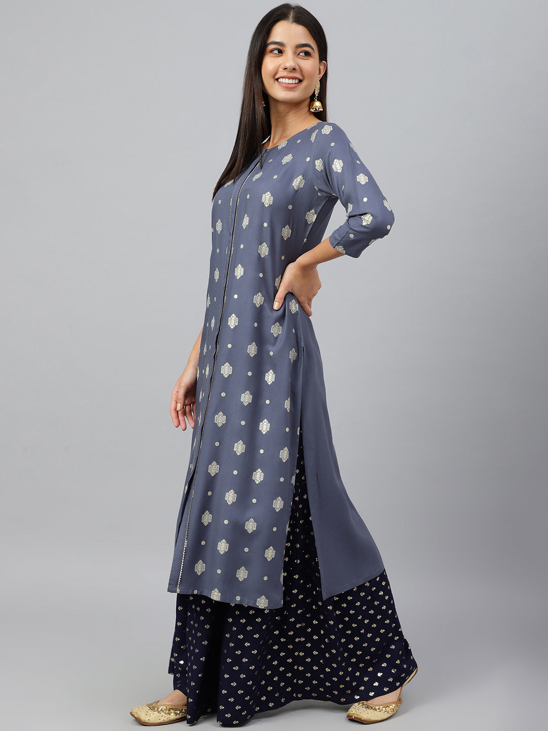 Janasya Women's Grey Rayon Ethnic motifs Festive Straight Kurta | Swadesiicart