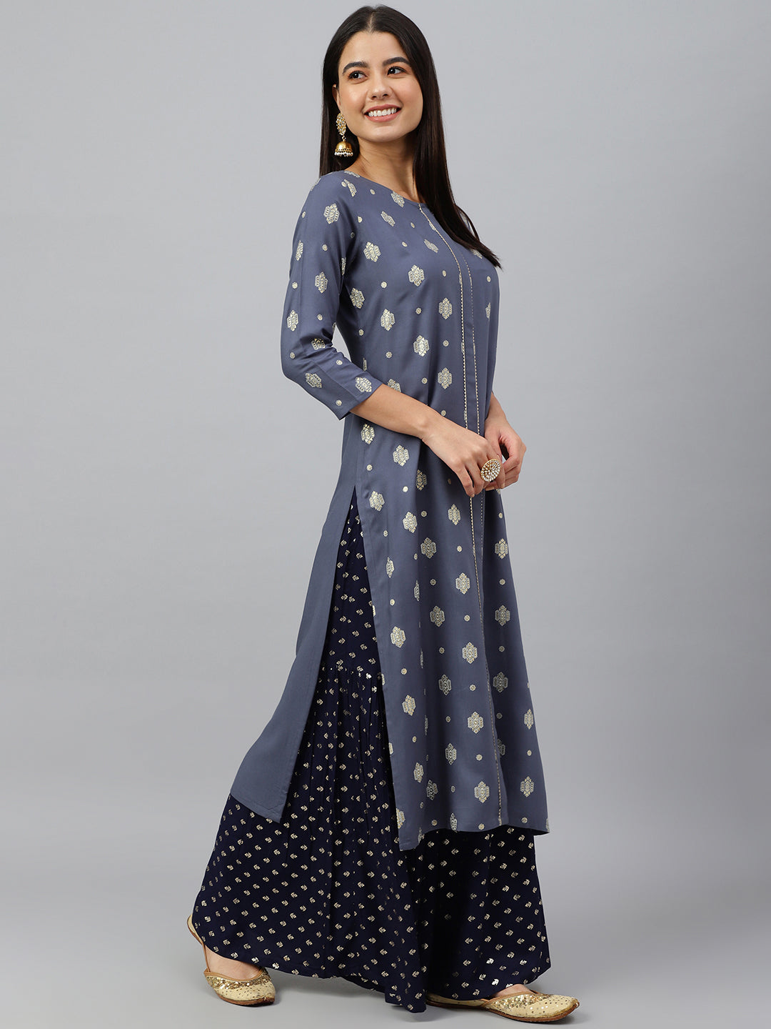 Janasya Women's Grey Rayon Ethnic motifs Festive Straight Kurta | Swadesiicart
