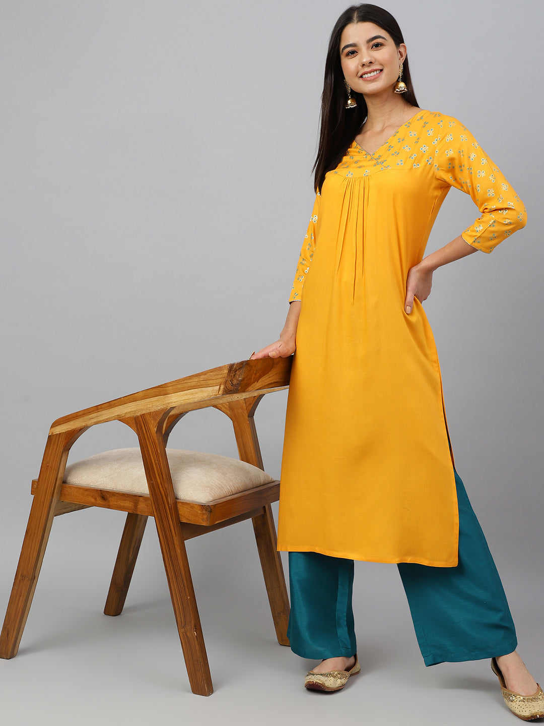 Janasya Women's Orange Rayon Gold Floral Print Festive Straight Kurta - Swadesiicart