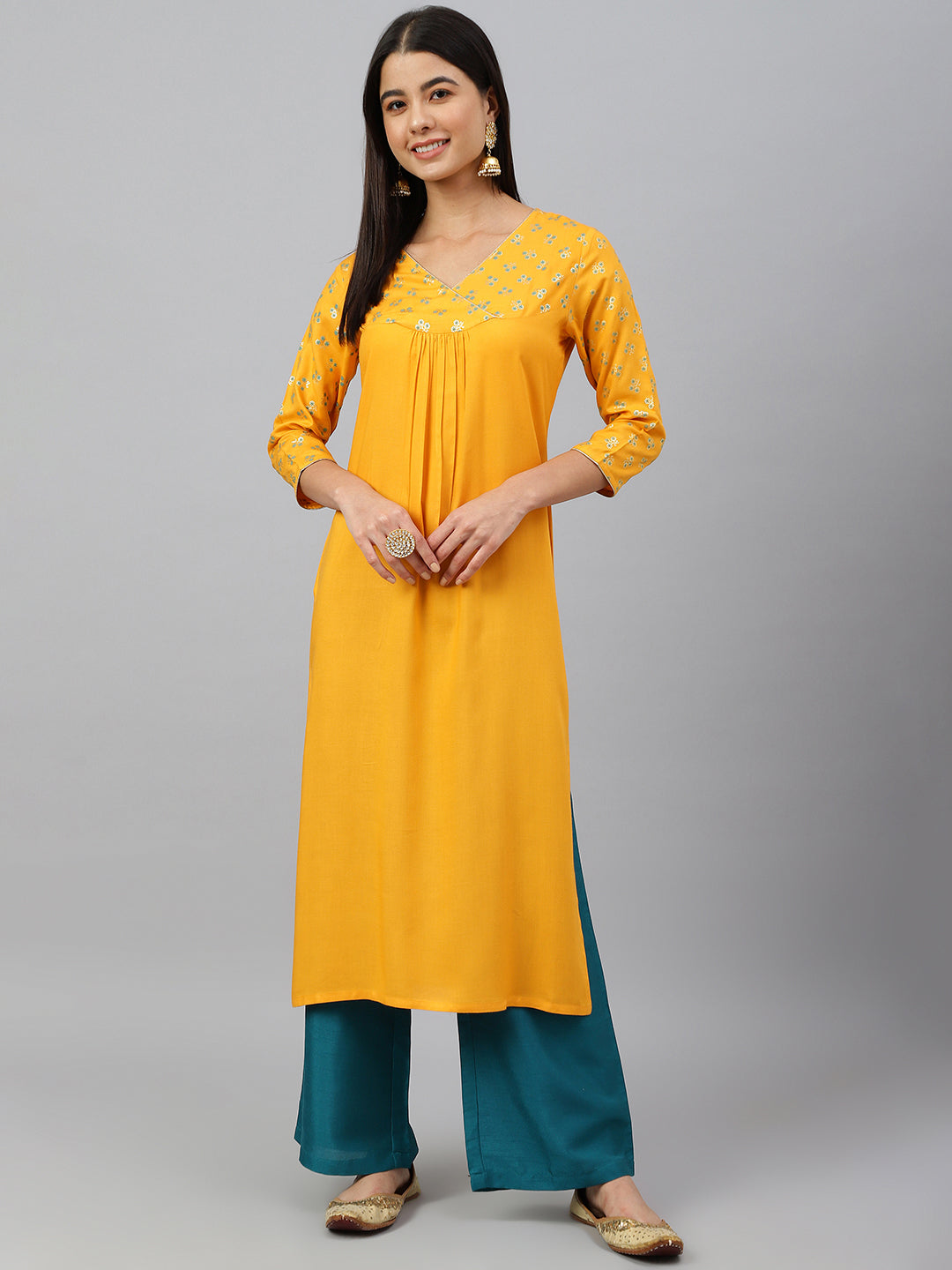Janasya Women's Orange Rayon Gold Floral Print Festive Straight Kurta - Swadesiicart