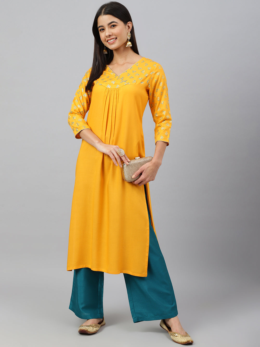 Janasya Women's Orange Rayon Gold Floral Print Festive Straight Kurta - Swadesiicart